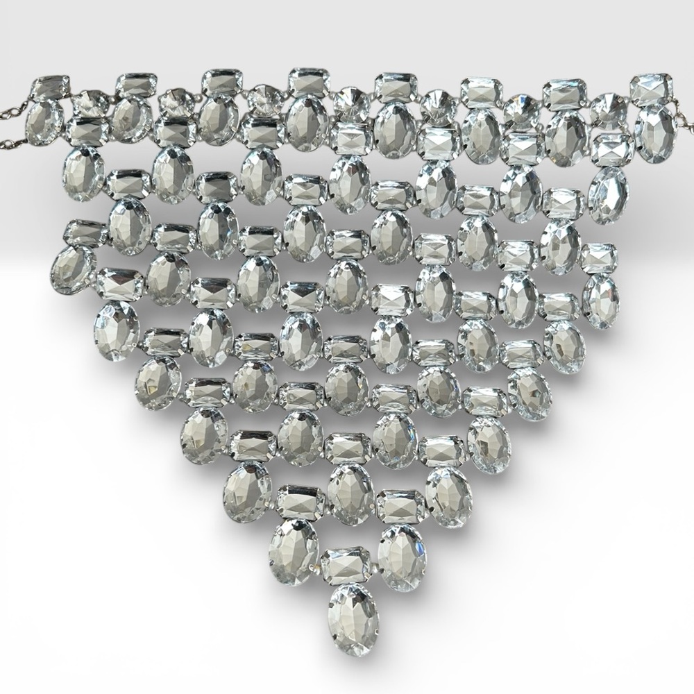Glam Bold Clear Rhinestone Choker Bib Statement Necklace Silver Tone NWOT - Picture 3 of 10